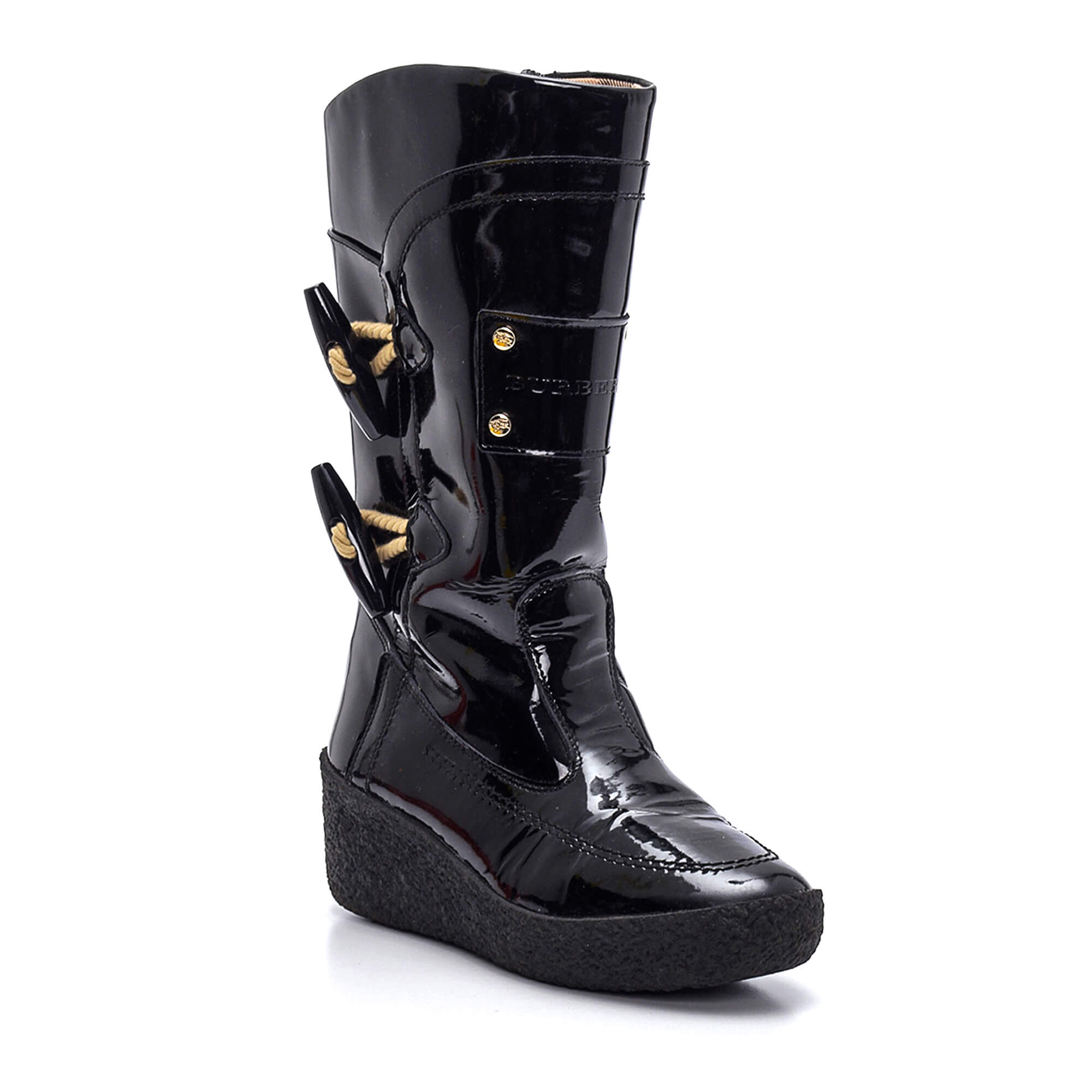 Burberry - Black Patent Leather Wedge Rain Boots